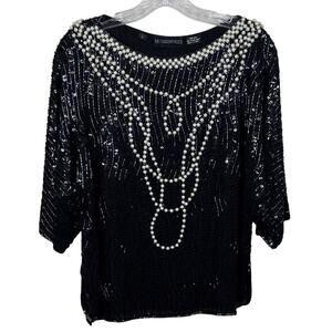 Vintage Metamorphosis Silk Beaded Blouse L Pearl Sequin Gatsby Party Art Deco